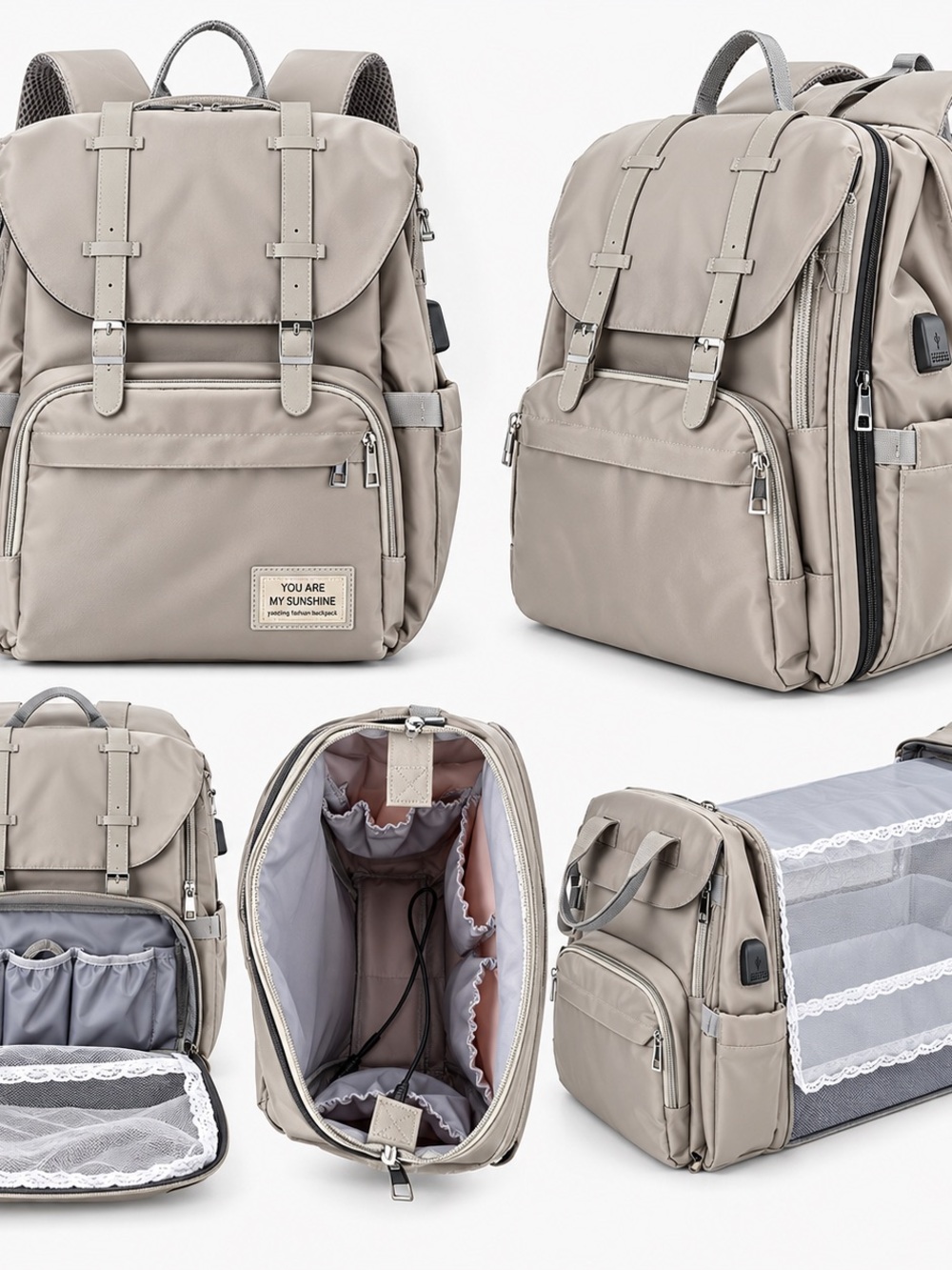 Compact Taupe Everyday Backpack with USB Port